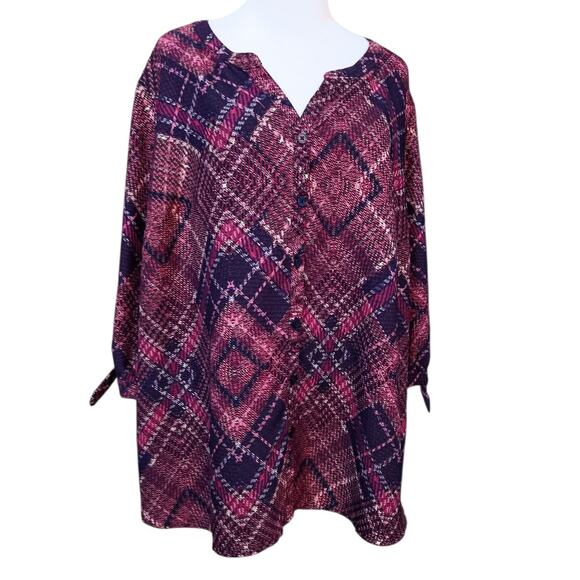 CATHERINES Blouse Tunic Top Plus 1X Career Office Dressy Tie Cuffs Pink Purple - Picture 2 of 9